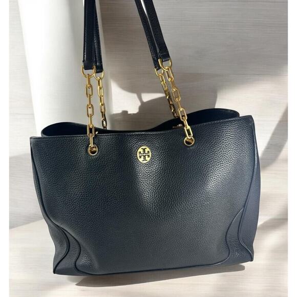 Tory Burch Handbags - Tory Burch Marsden Tote Shoulder Bag Black Pebbled Leather Chain Link Purse Flaw